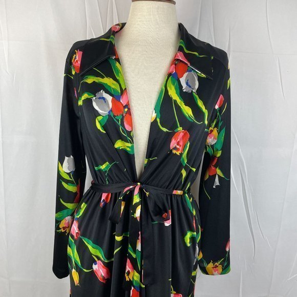 Vintage 60s 70s Komar Black Tulip‎ Floral Print Satin Polyester Robe Large - Picture 2 of 9